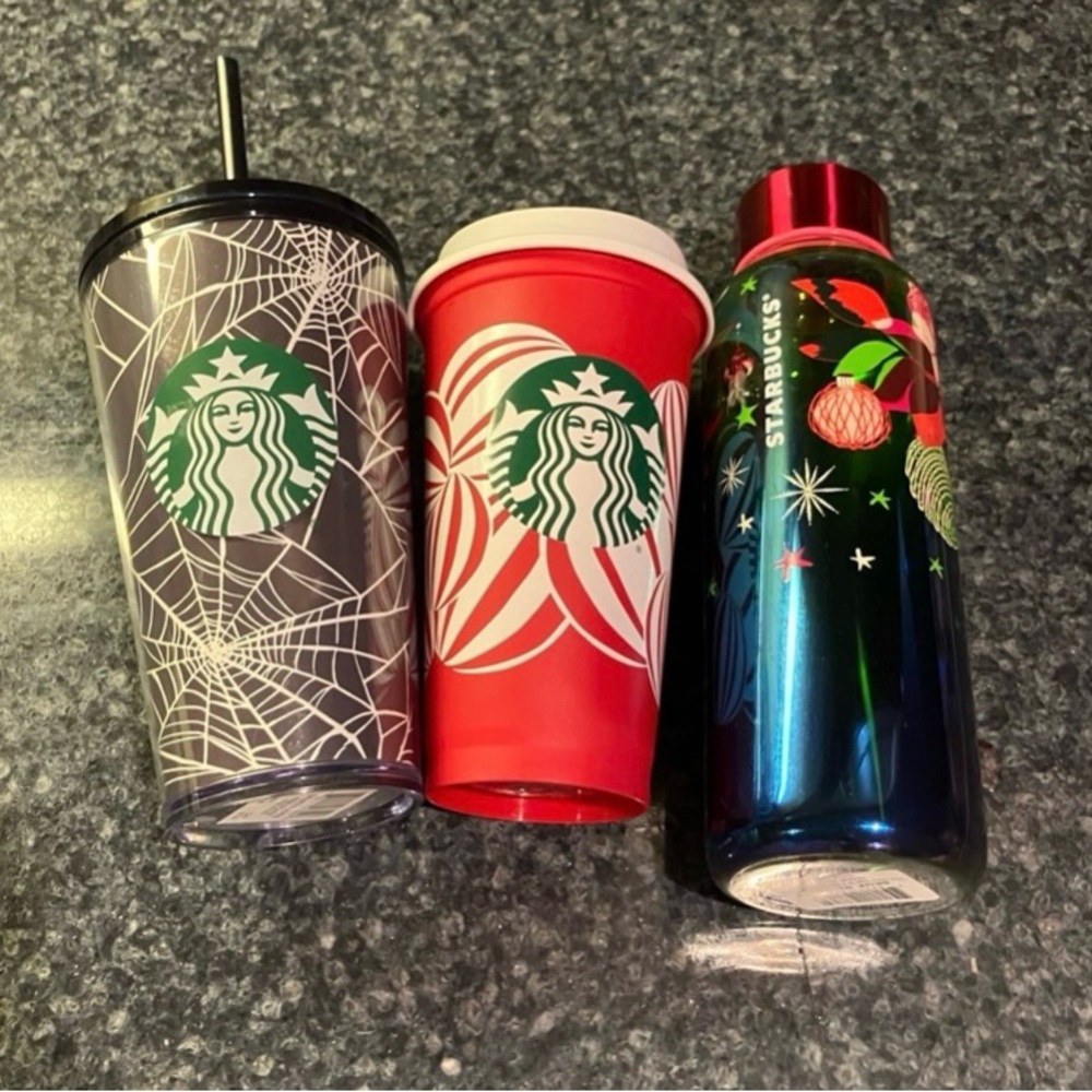 Starbucks Spiderweb Tumbler, Red Holiday Cup, and Festive Bottle
